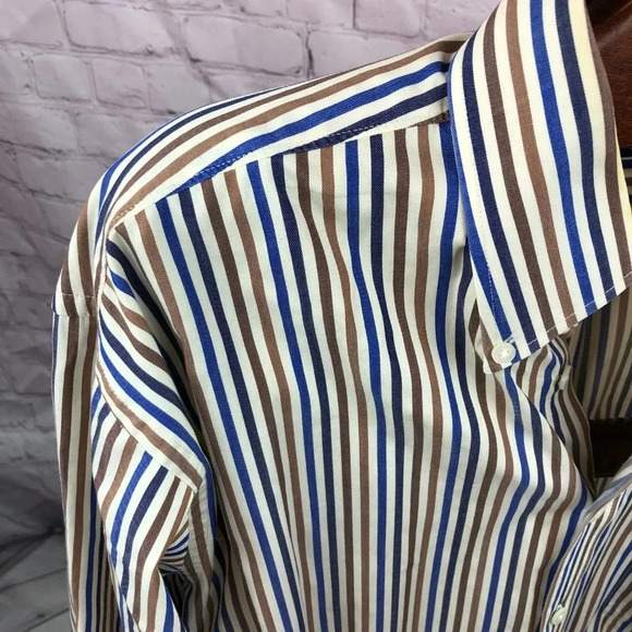 alan flusser brown stripe button down shirt size large - Picture 2 of 5